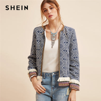 SHEIN Multicolor Fringe Trim Tribal Jacket With Embroidered Tape Coat