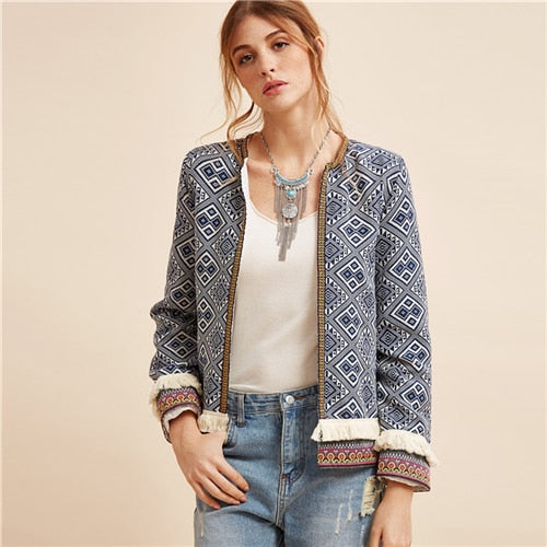 SHEIN Multicolor Fringe Trim Tribal Jacket With Embroidered Tape Coat