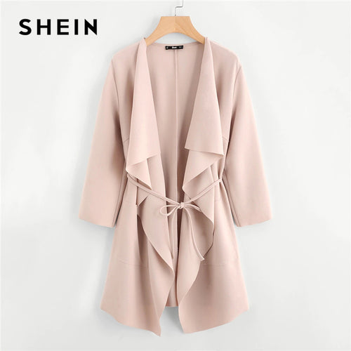 SHEIN Waterfall Collar Double Pocket Front Wrap Autumn Coat With Belt