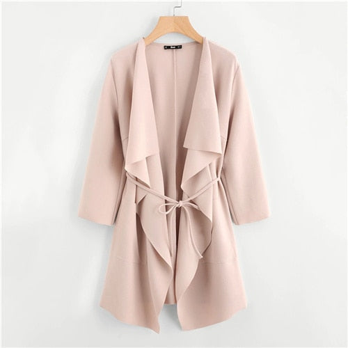 SHEIN Waterfall Collar Double Pocket Front Wrap Autumn Coat With Belt