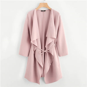 SHEIN Waterfall Collar Double Pocket Front Wrap Autumn Coat With Belt