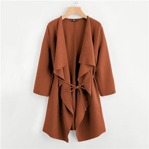 SHEIN Waterfall Collar Double Pocket Front Wrap Autumn Coat With Belt