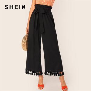 SHEIN Black Solid Paperbag Waist Self Belted Tassel Hem Pants Women 2019 Autumn High Waist Wide Leg Boho Ladies Long Trousers