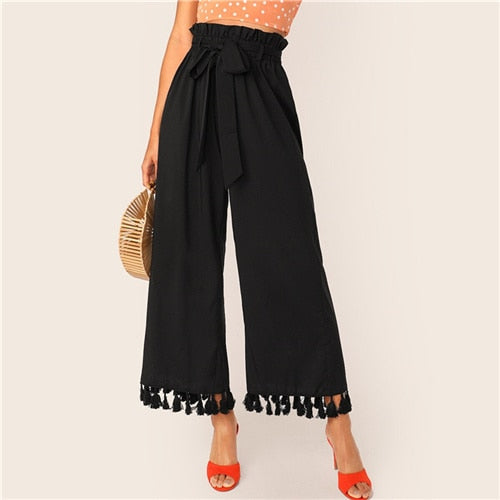 SHEIN Black Solid Paperbag Waist Self Belted Tassel Hem Pants Women 2019 Autumn High Waist Wide Leg Boho Ladies Long Trousers