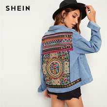 Load image into Gallery viewer, SHEIN Blue Embroidered Back Pocket Denim Spring Jacket Coat Women Autumn 2019 Streetwear Single Breasted Ladies Casual Jackets