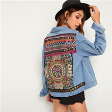 Load image into Gallery viewer, SHEIN Blue Embroidered Back Pocket Denim Spring Jacket Coat Women Autumn 2019 Streetwear Single Breasted Ladies Casual Jackets