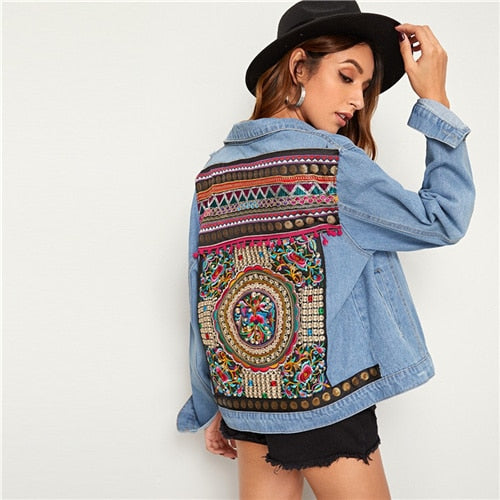 SHEIN Blue Embroidered Back Pocket Denim Spring Jacket Coat Women Autumn 2019 Streetwear Single Breasted Ladies Casual Jackets