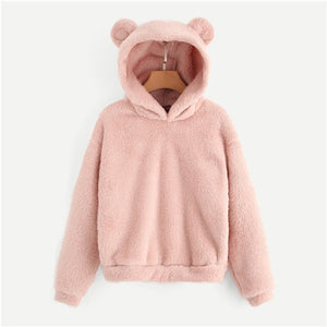 SHEIN Preppy Lovely With Bears Ears Solid Teddy Hoodie Pullovers Sweatshirt Autumn Women Campus Casual Sweatshirts