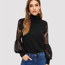 Load image into Gallery viewer, SHEIN Women High Neck Lace Lantern Sleeve Top Fashion Mesh Blouse Women&#39;s Long Sleeve Pattern Printing Ladies Tops