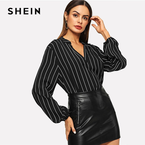 SHEIN Office Ladies V-Cut Neck Striped Long Sleeve Blouse Shirts Autumn