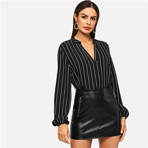 SHEIN Office Ladies V-Cut Neck Striped Long Sleeve Blouse Shirts Autumn