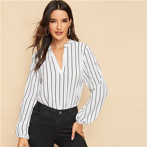 SHEIN Office Ladies V-Cut Neck Striped Long Sleeve Blouse Shirts Autumn