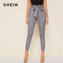 Load image into Gallery viewer, SHEIN Grey Plaid Paperbag Waist Self Belted Casual Pants Women Bottoms 2019 Autumn High Waist Office Ladies Skinny Trousers