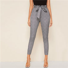 Load image into Gallery viewer, SHEIN Grey Plaid Paperbag Waist Self Belted Casual Pants Women Bottoms 2019 Autumn High Waist Office Ladies Skinny Trousers