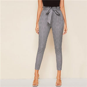 SHEIN Grey Plaid Paperbag Waist Self Belted Casual Pants Women Bottoms 2019 Autumn High Waist Office Ladies Skinny Trousers