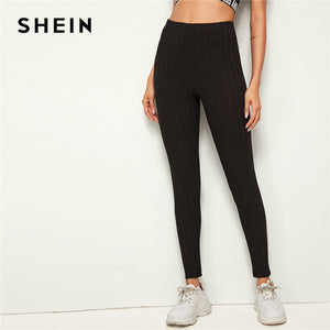 SHEIN Black Solid Ribbed Knit Skinny Leggings Pants Women Bottoms 2019 Autumn Elastic Waist Active Wear Ladies Skinny Trousers