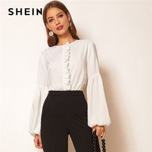 Load image into Gallery viewer, SHEIN White Ruffle Trim Lantern Sleeve Keyhole Back Top Women Solid Blouse Autumn Office Lady Round Neck Abaya Elegant Blouses