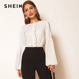 SHEIN White Ruffle Trim Lantern Sleeve Keyhole Back Top Women Solid Blouse Autumn Office Lady Round Neck Abaya Elegant Blouses