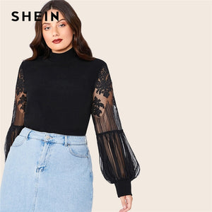 SHEIN Plus Size Black Mock Neck Lace Lantern Sleeve Fitted Top Women Autumn Solid Elegant Office Lady Womens Tops and Blouses