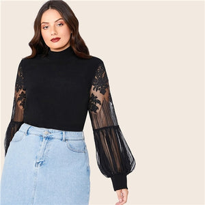 SHEIN Plus Size Black Mock Neck Lace Lantern Sleeve Fitted Top Women Autumn Solid Elegant Office Lady Womens Tops and Blouses