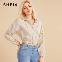 Load image into Gallery viewer, SHEIN Corduroy Zipper Front Drawstring Hooded Crop Jacket Coat Women 2019 Autumn Streetwear Ladies Double Pocket Casual Outwear