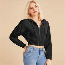 Load image into Gallery viewer, SHEIN Corduroy Zipper Front Drawstring Hooded Crop Jacket Coat Women 2019 Autumn Streetwear Ladies Double Pocket Casual Outwear