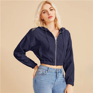 SHEIN Corduroy Zipper Front Drawstring Hooded Crop Jacket Coat Women 2019 Autumn Streetwear Ladies Double Pocket Casual Outwear