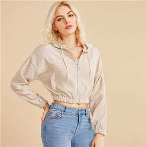 SHEIN Corduroy Zipper Front Drawstring Hooded Crop Jacket Coat Women 2019 Autumn Streetwear Ladies Double Pocket Casual Outwear