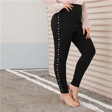 Load image into Gallery viewer, SHEIN Plus Size Pearl Embellished Black Skinny Pants Women Autumn Spring Solid Elegant Long Fitted Trousers Pencil Pants