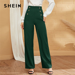 SHEIN Green Double-breasted Straight Leg Solid Long Pants Women