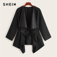 Load image into Gallery viewer, SHEIN Black Waterfall Collar Asymmetrical Hem Coat With Belt Women Coats 2019 Autumn Solid 3/4 Length Sleeve Casual Outerwear