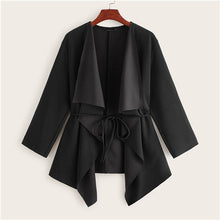 Load image into Gallery viewer, SHEIN Black Waterfall Collar Asymmetrical Hem Coat With Belt Women Coats 2019 Autumn Solid 3/4 Length Sleeve Casual Outerwear