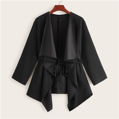 SHEIN Black Waterfall Collar Asymmetrical Hem Coat With Belt Women Coats 2019 Autumn Solid 3/4 Length Sleeve Casual Outerwear