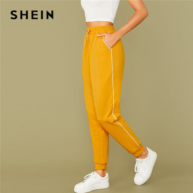 SHEIN Bright Yellow Drawstring Waist Contrast Piping Carrot Pants