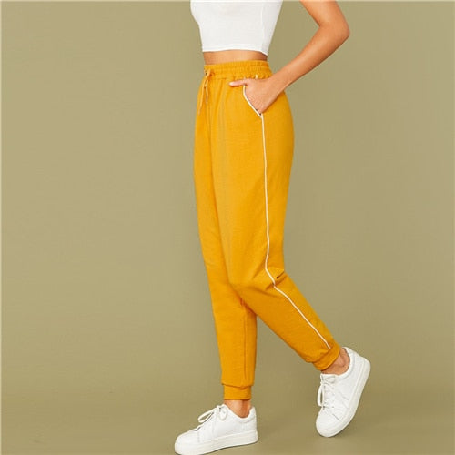 SHEIN Bright Yellow Drawstring Waist Contrast Piping Carrot Pants