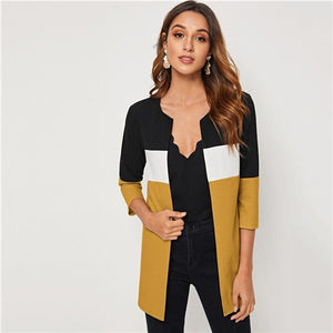 SHEIN Colorblock Round Neck Cut And Sew Open Front Basic Coat Women 2019 Autumn 3/4 Length Sleeve Ladies Casual Outwear Coats