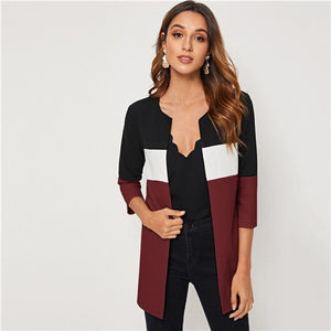 SHEIN Colorblock Round Neck Cut And Sew Open Front Basic Coat Women 2019 Autumn 3/4 Length Sleeve Ladies Casual Outwear Coats