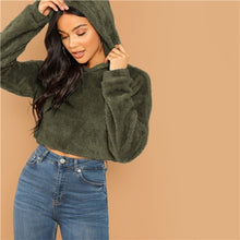 Load image into Gallery viewer, SHEIN Grey Minimalist Solid Drop Shoulder Crop Teddy Hoodie Sweatshirt Autumn Casual Fashion Women Pullovers Sweatshirts