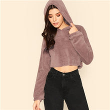 Load image into Gallery viewer, SHEIN Grey Minimalist Solid Drop Shoulder Crop Teddy Hoodie Sweatshirt Autumn Casual Fashion Women Pullovers Sweatshirts