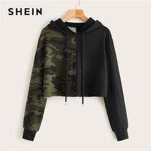 Load image into Gallery viewer, SHEIN Two Tone Camo Panel Hoodie Crop Sweatshirt Women Pullover Autumn Cut and Sew Drawstring Sporting Casual Sweatshirts