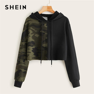 SHEIN Two Tone Camo Panel Hoodie Crop Sweatshirt Women Pullover Autumn Cut and Sew Drawstring Sporting Casual Sweatshirts