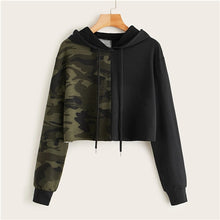 Load image into Gallery viewer, SHEIN Two Tone Camo Panel Hoodie Crop Sweatshirt Women Pullover Autumn Cut and Sew Drawstring Sporting Casual Sweatshirts