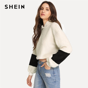 SHEIN White Elegant Preppy Crop Teddy Colorblock Hoodie Sweatshirt 2018 Autumn Campus Casual Women Pullovers Sweatshirts