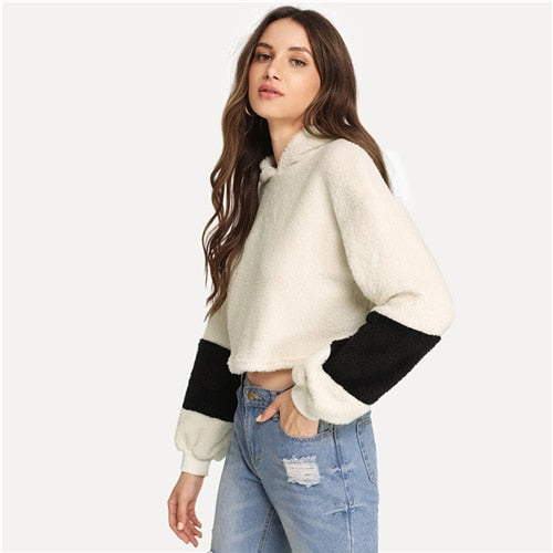 SHEIN White Elegant Preppy Crop Teddy Colorblock Hoodie Sweatshirt 2018 Autumn Campus Casual Women Pullovers Sweatshirts