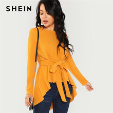 Load image into Gallery viewer, SHEIN Ginger Self Belted Asymmetrical Hem Top Casual Long Sleeve Round Neck Blouses Women Autumn Elegant Office Ladies Blouse