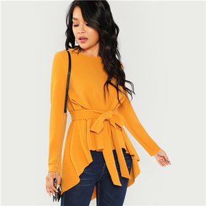 SHEIN Ginger Self Belted Asymmetrical Hem Top Casual Long Sleeve Round Neck Blouses Women Autumn Elegant Office Ladies Blouse