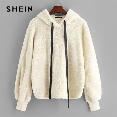 SHEIN Beige Preppy Elegant Faux Fur Fluffy Teddy Regular Fit Solid Hoodie