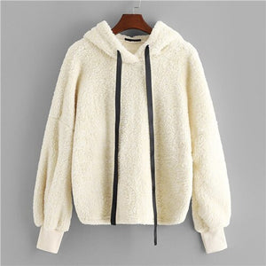 SHEIN Beige Preppy Elegant Faux Fur Fluffy Teddy Regular Fit Solid Hoodie