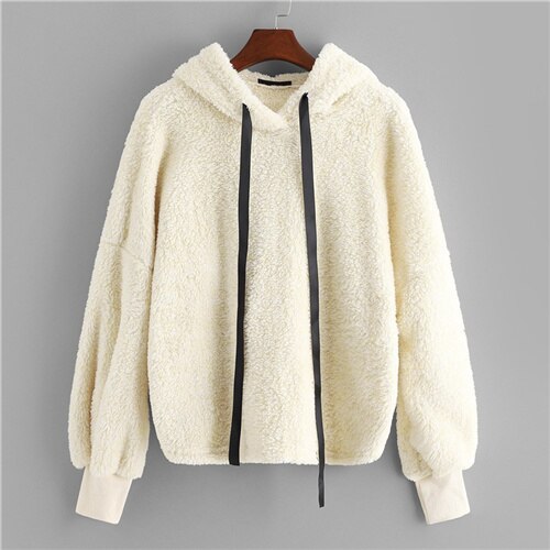 SHEIN Beige Preppy Elegant Faux Fur Fluffy Teddy Regular Fit Solid Hoodie