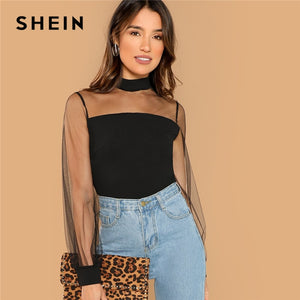 SHEIN Black Office Lady Solid Sheer Mesh Yoke Stand Collar Long Sleeve